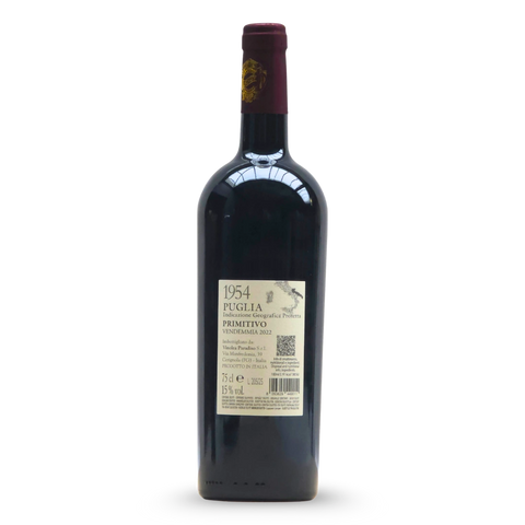 Cantine Paradiso Primitivo 1954 Puglia achterkant label