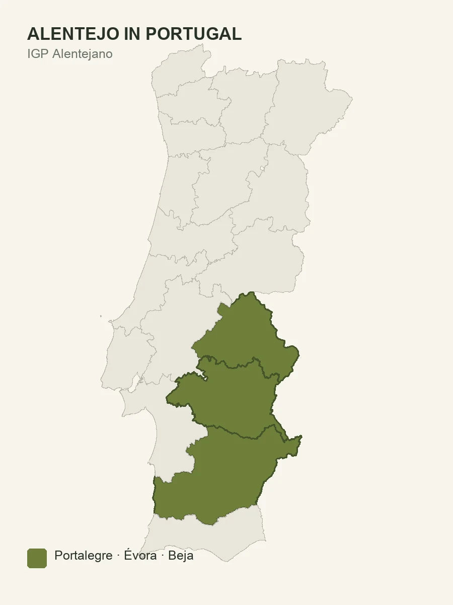 Portugal is afgebeeld met de IGP Alentejano gemarkeerd in het zuidoosten.