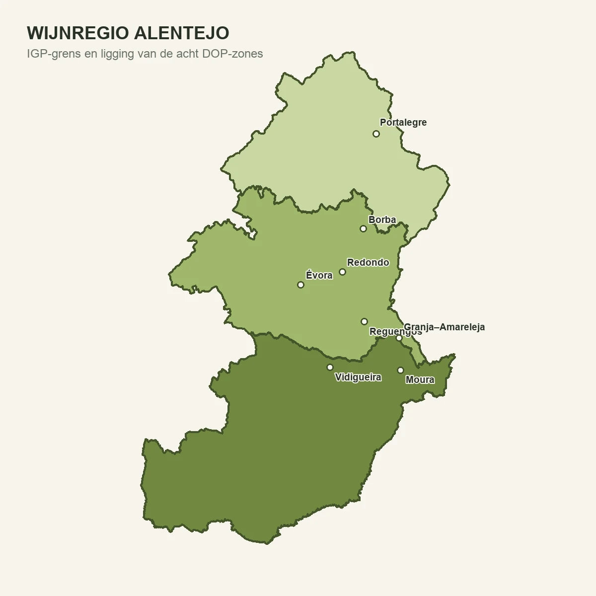 De detailkaart toont de IGP Alentejano met Portalegre, Évora en Beja en de ligging van de acht DOP-deelgebieden.