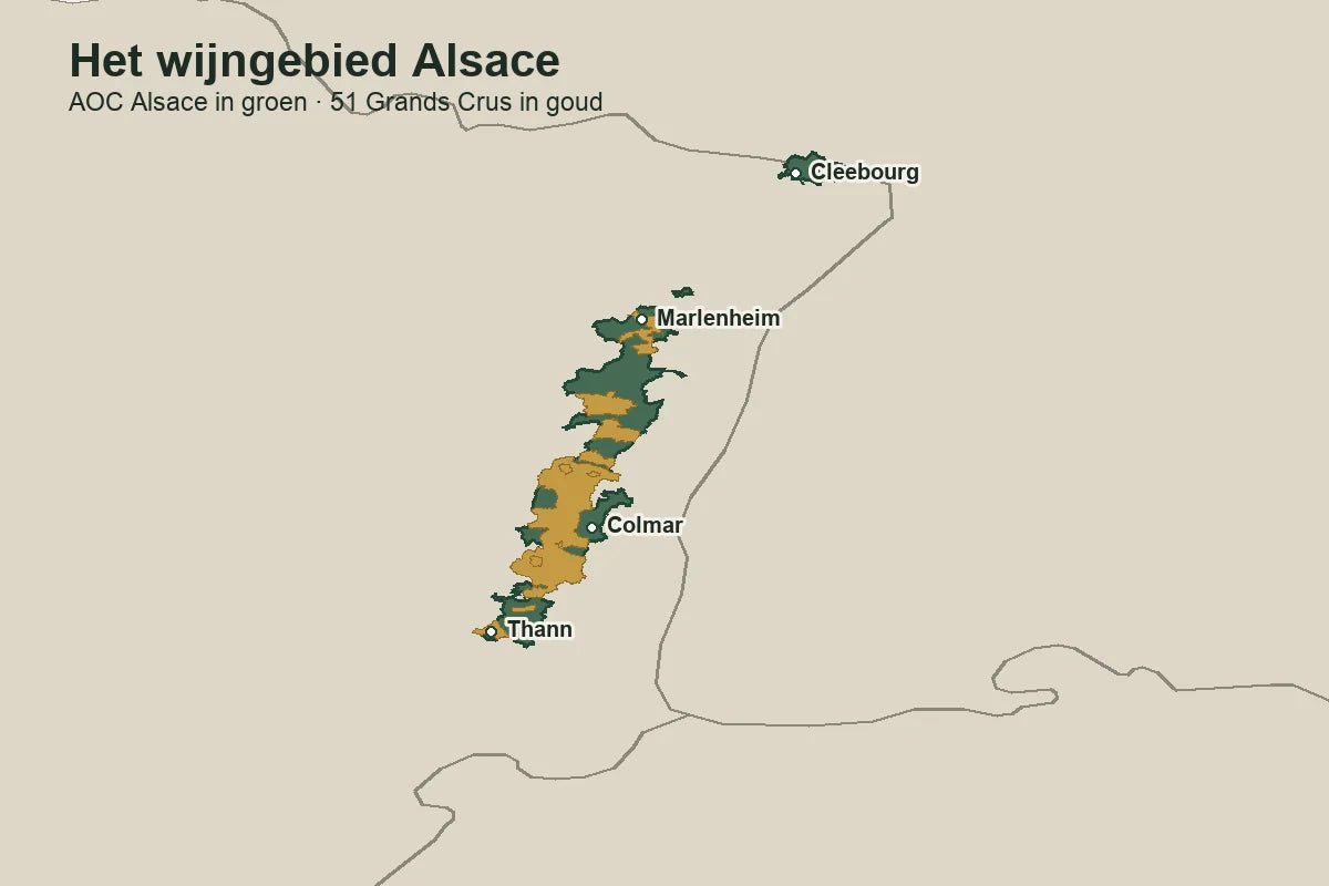 Een detailkaart toont het wijngebied Alsace en de 51 grands crus.