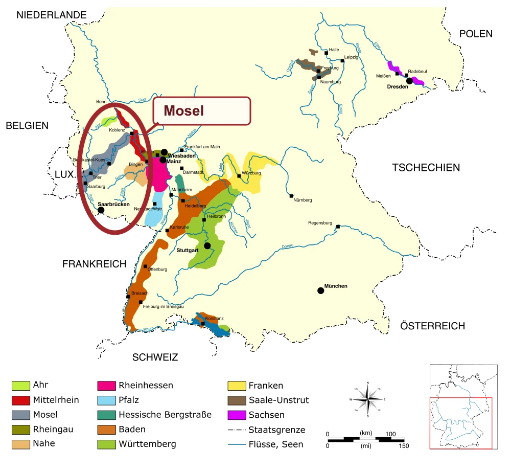 Kaart van heel Duitsland met de Mosel-wijnregio in het westen gemarkeerd