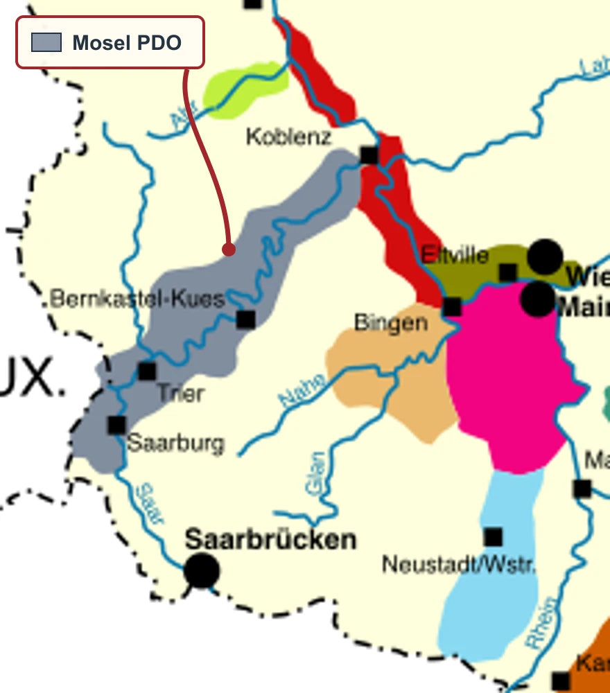 Detailkaart van de Mosel-wijnregio langs Mosel, Saar en Ruwer tussen Perl en Koblenz