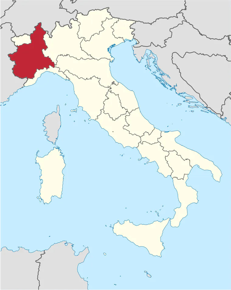 Op de kaart van Italië is Piemonte in het noordwesten gemarkeerd.
