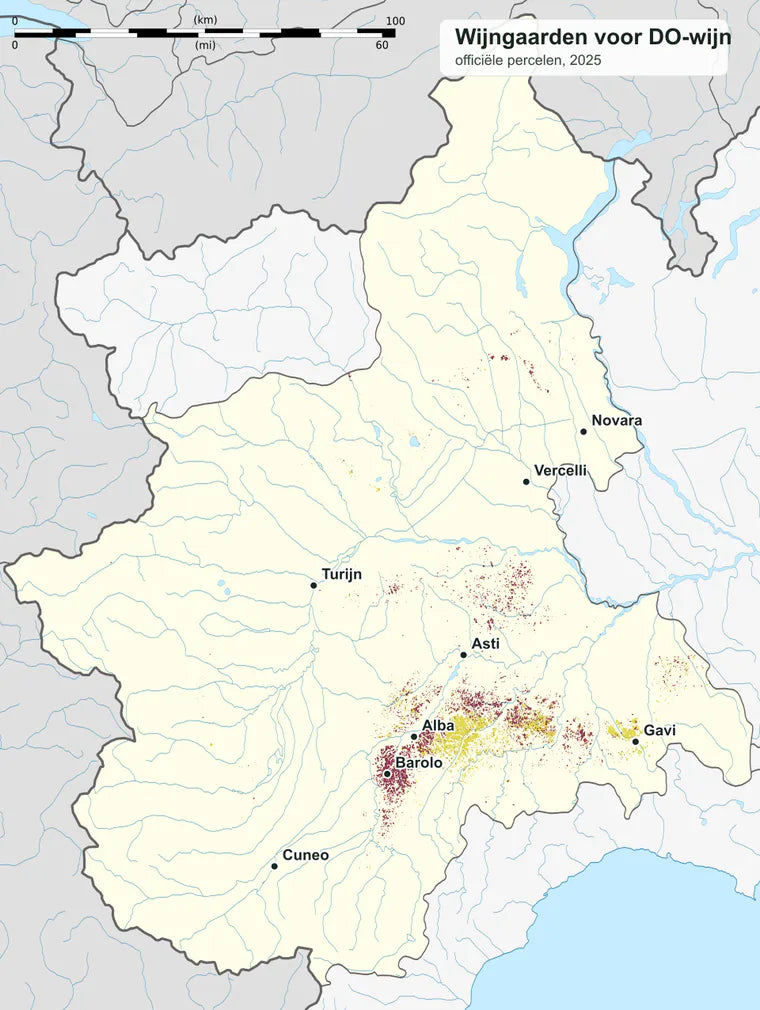 Op de detailkaart zijn de officiële wijngaardpercelen voor wijn met oorsprongsbenaming in Piemonte in 2025 aangegeven.