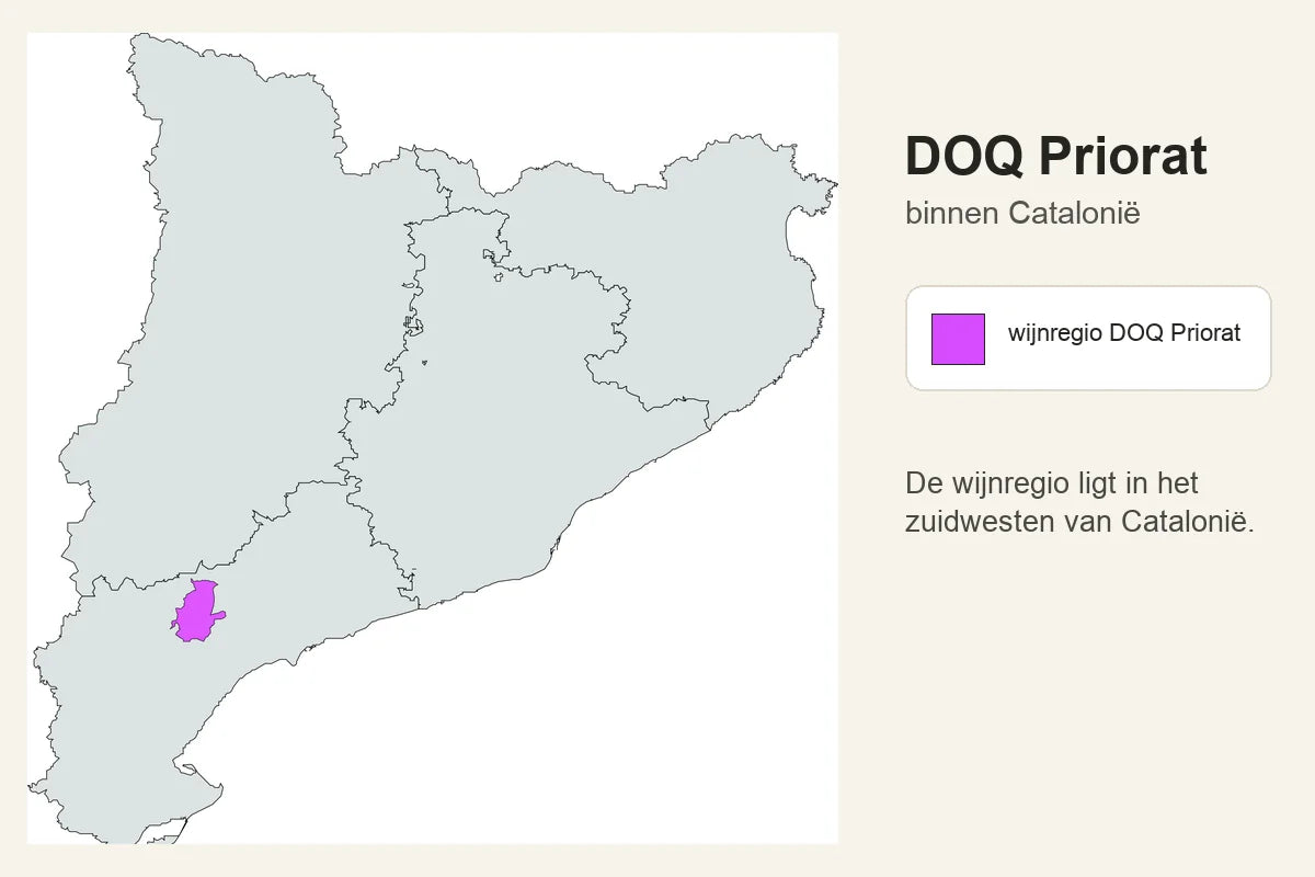 Kaart van Catalonië met de officiële wijnregio DOQ Priorat gemarkeerd