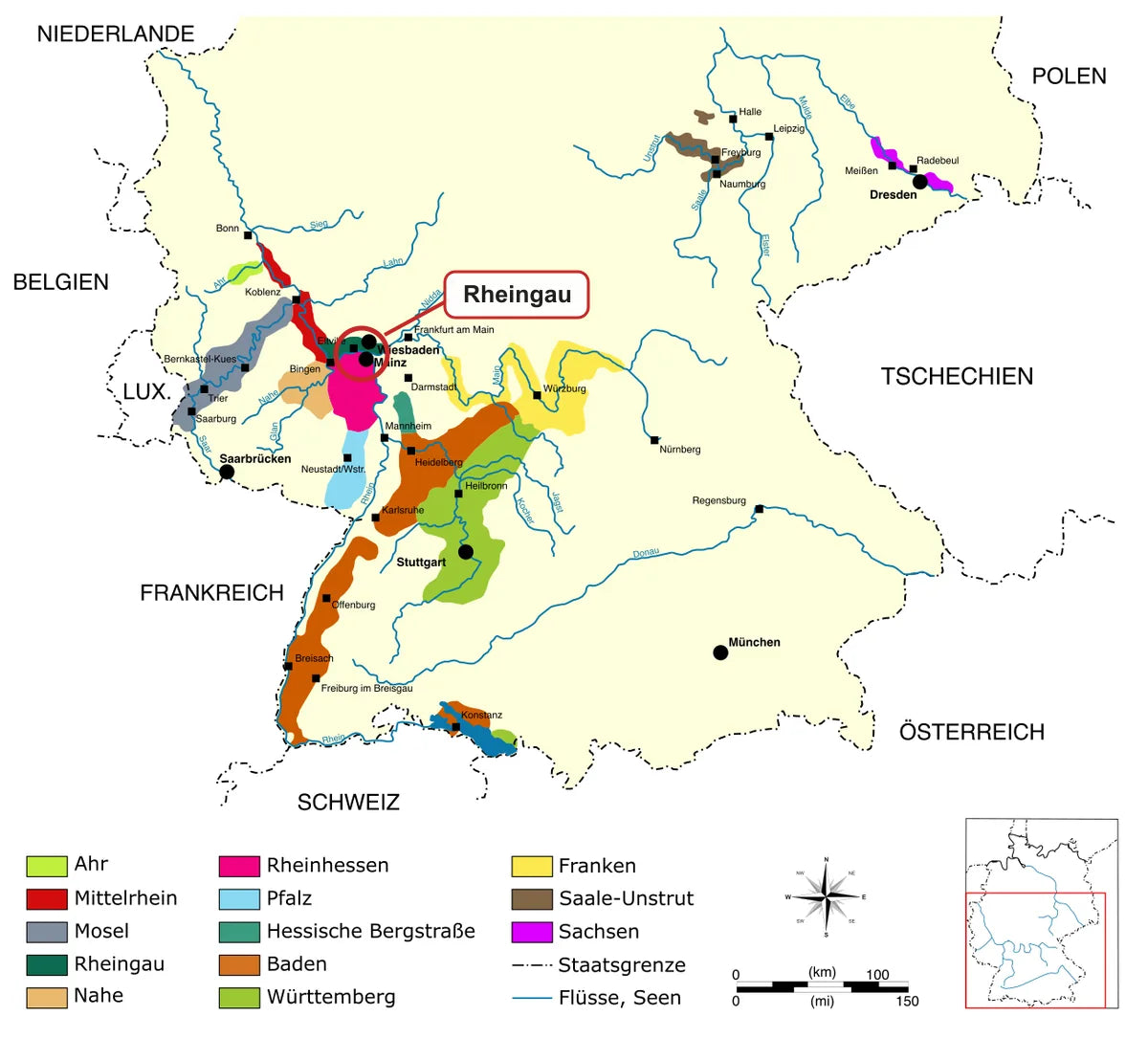 Kaart van Duitsland met het wijngebied Rheingau gemarkeerd bij Wiesbaden