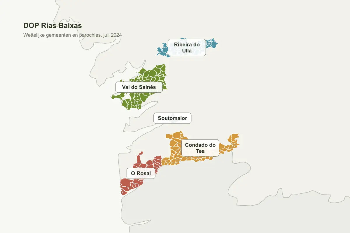 De kaart toont de wettelijke DOP Rías Baixas met vijf officiële subzones.