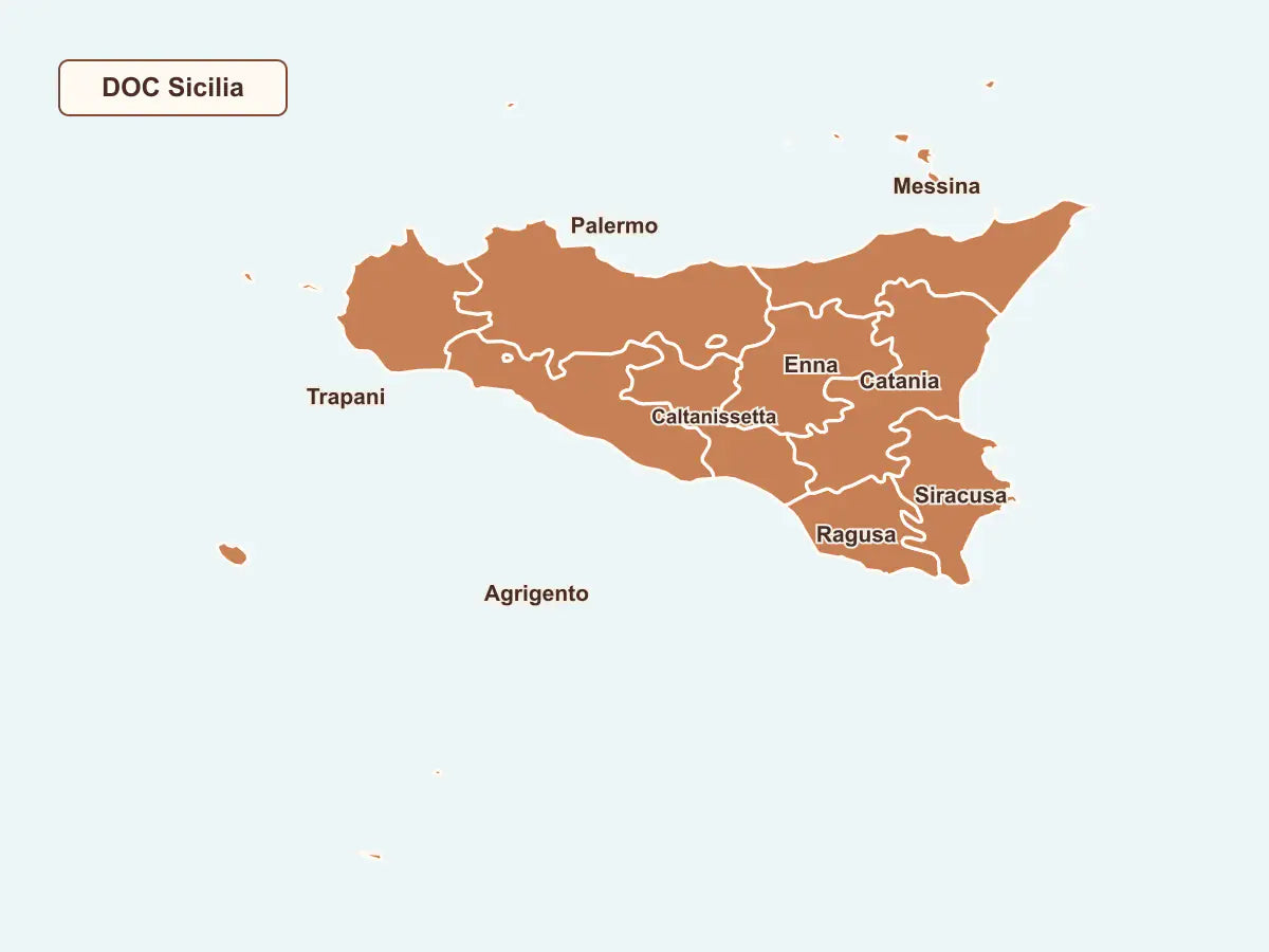Een kaart toont de wettelijk afgebakende DOC Sicilia en de negen Siciliaanse provincies.