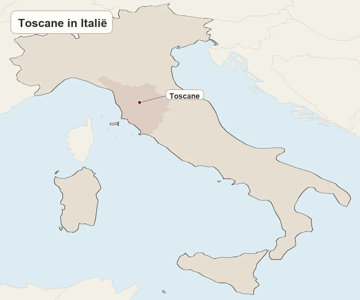 Kaart van heel Italië met de officiële Toscana-wijnzone correct in Midden-Italië gemarkeerd