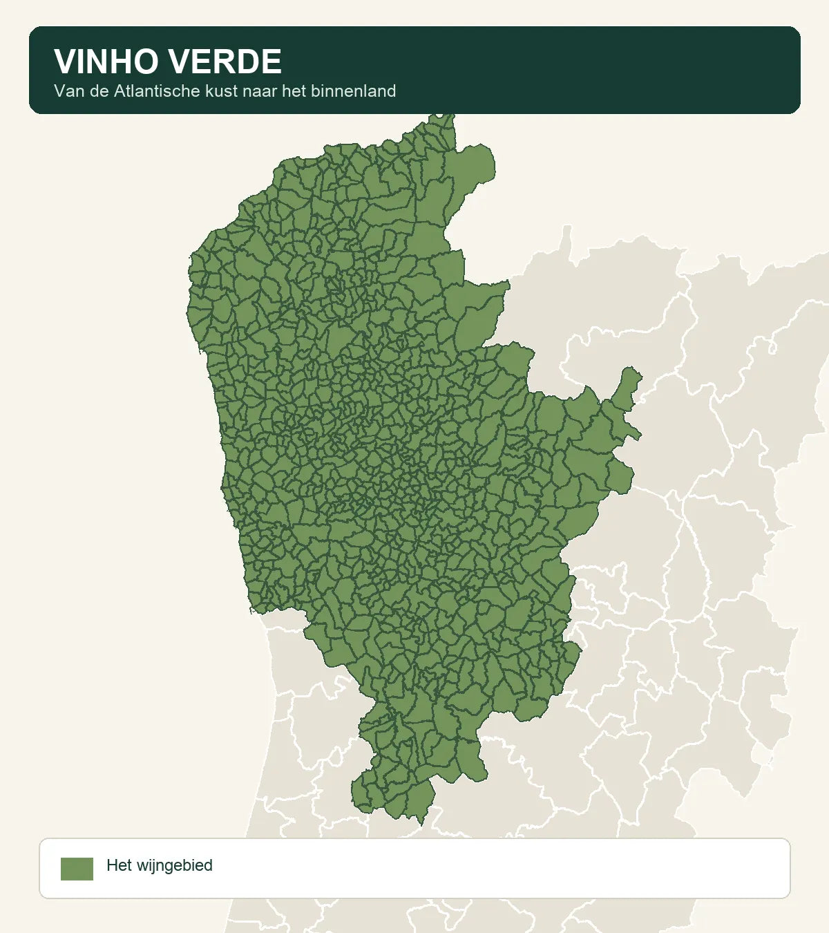 Kaart van het wijngebied Vinho Verde van de Atlantische kust naar het binnenland