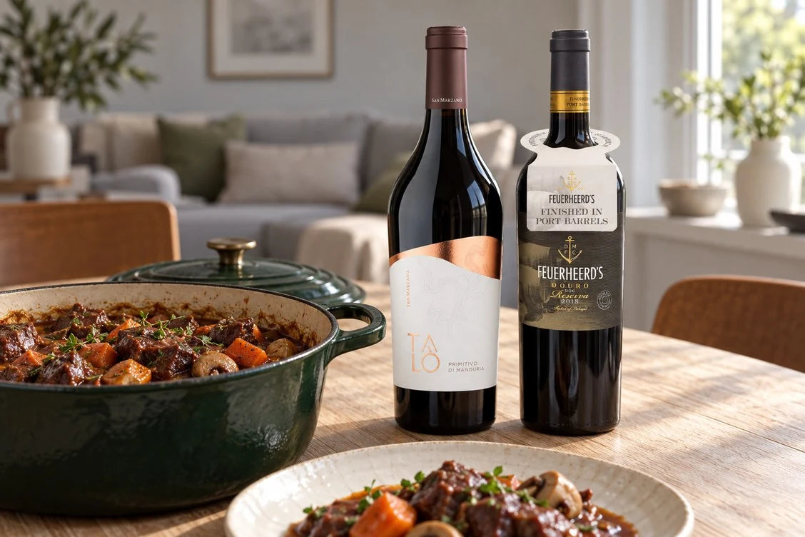 Talo Primitivo en Feuerheerd’s Douro naast een pan stoofvlees