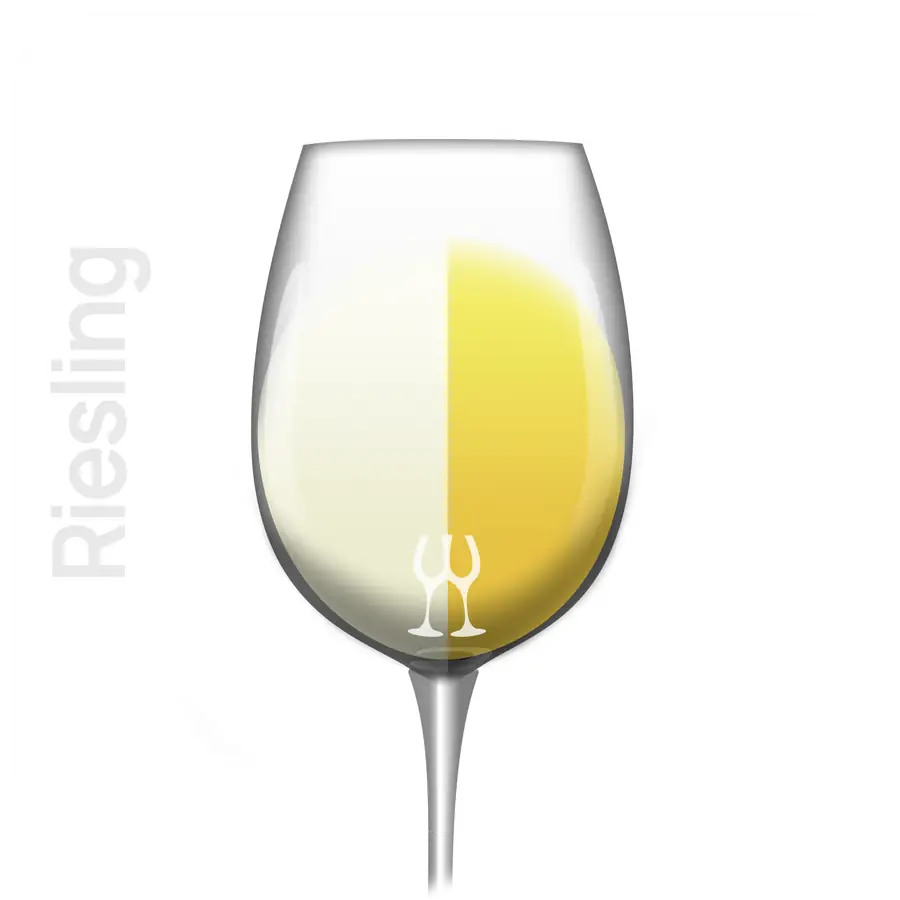 Indicatieve kleur van Riesling in het glas; rijpheid, zoetheid, ouderdom en wijnbereiding kunnen de tint veranderen.