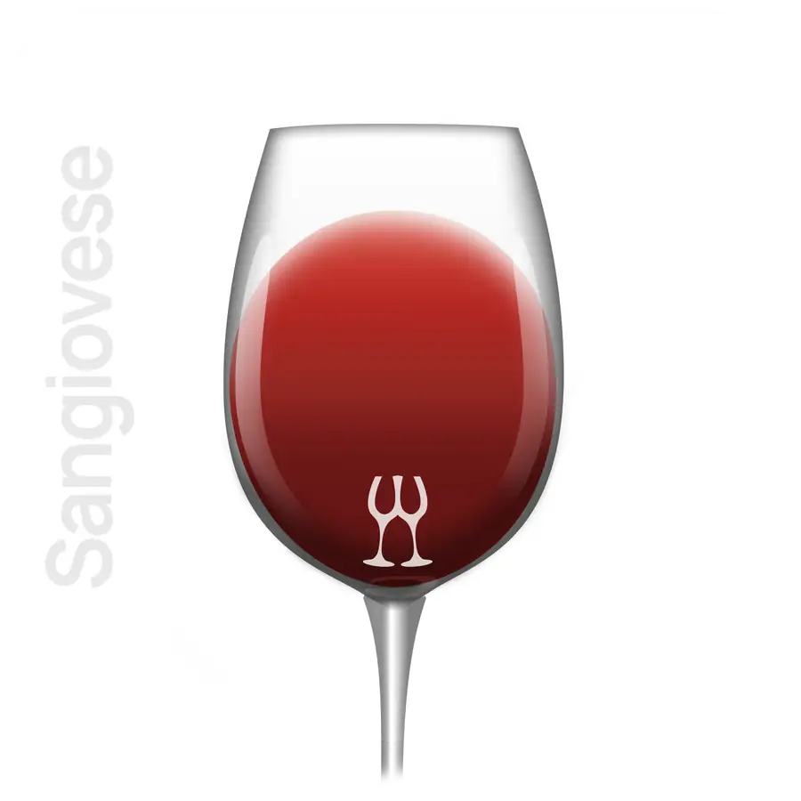 Indicatieve kleur van Sangiovese in het glas; herkomst, oogstjaar en wijnbereiding kunnen de tint veranderen.